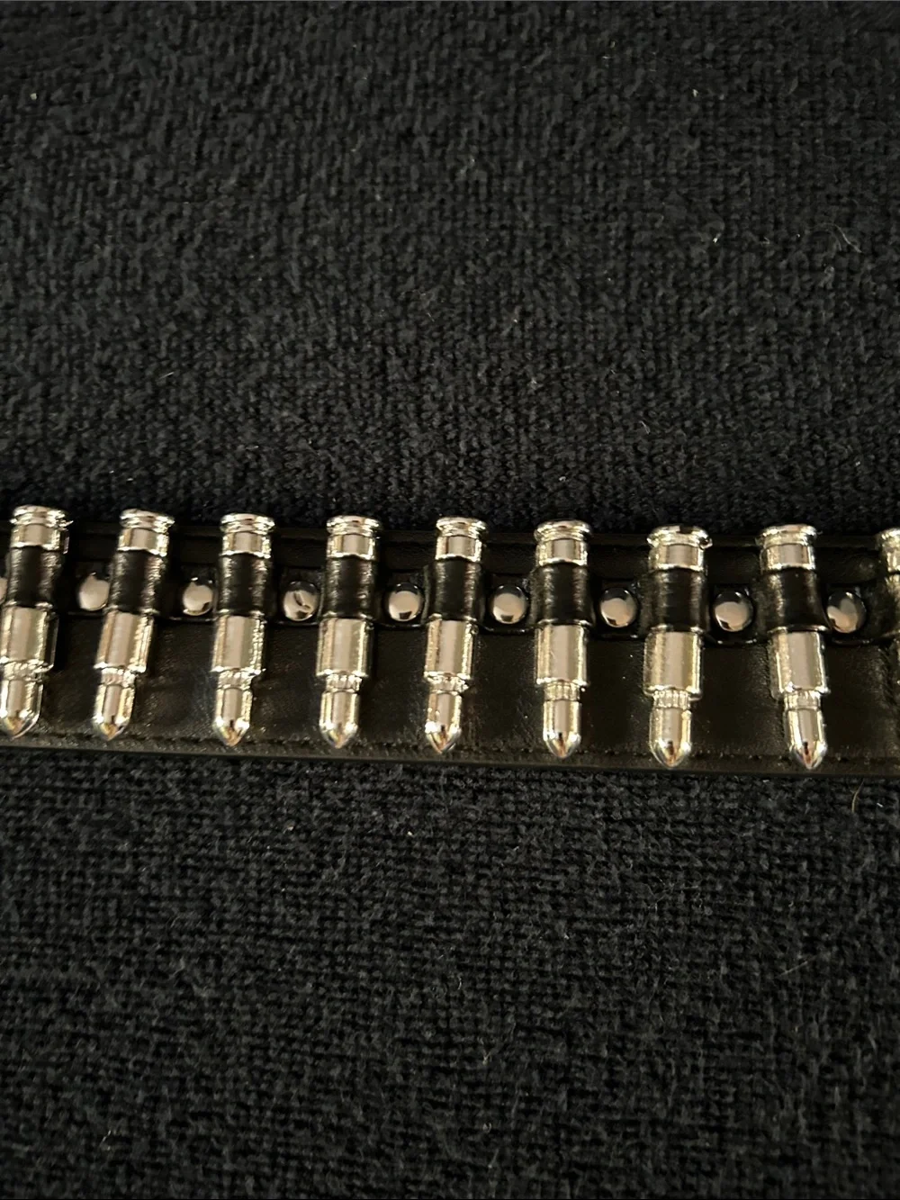 Black Faux Leather Punk Rock Belt with a Row of 34 Silver Tone Bullets & Studs